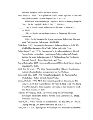 Research School of Pacific and Asian Studies.
Blust, Robert A. 2006. The origin of the Kelabit voiced aspirates: A historical
hypothesis revisited. Oceanic linguistics 45.2: 311-338.
__________. 1991a (ed). Currents in Pacific Linguistics: Papers in honor of George W.
Grace. Pacific Linguistics Series C, No. 17. Canberra.
__________. 1991b. Sound change and migration distance. In Blust (ed.),
pp. 27-42.
__________. (Ms., no date) Austronesian comparative dictionary. Electronic
manuscript.
__________. 1984. On the history of the Rejang vowels and diphthongs. Bijdragen
tot de Taal-, Land- en Volkenkunde 140:422-450.
Clark, Ross. 1987. Austronesian Languages. In Bernard Comrie, (ed.), The
World's Major Languages. New York: Oxford University Press.
Collins, James T, (ed.) 1990. Language and oral traditions in Borneo. Selected
Papers the first extraordinary conference of the Borneo Research Council,
Kuching, Sarawak, Malaysia August 4-9. Williamsburg, VA: The Borneo
Research Council Proceedings Series Vol. Two.
Court, Christopher, 1967. Some Areal features of Měntu Land Dayak. Oceanic
Linguistics VI: 46-50.
Dahl, Otto Christian. 1976. Proto-Austronesian (2nd Edition). Scandinavian
Institute of Asian Studies monograph series, No. 15. Lund.
Dempwolff, Otto. 1934-1938. Vergleichende Lautlehre des Austronesischen
Wortschatzes. Berlin: Dietrich Reimer Verlag.
Galizia, Michele. 1992. Myth does not exist apart from discourse, or, The
story of a myth that became history. In Victor T. King, (ed.) The Rejang
of southern Sumatra. Hull, England: University of Hull Centre For South-
East Asian Studies, pp. 3-29.
Hazairin. De Redjang. 1936. De volksordening, het verwantschaps-
,huweliijks- en erfrecht. Batavia doctoral thesis (unpublished). 242pp.
With map. Bandoeng.
Helfrich, O. L. Uit de folklore van Zuid-Sumatra. BKI 83(1927), pp. 193-315.
(Rejang texts pp. 244-248 w/translation pp. 308-315).
Holle, van K. F. n.d. Rejdangische Woordenlijst door den controleur SWAAB
 