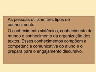  As pessoas utilizam três tipos de
conhecimento:
 O conhecimento sistêmico, conhecimento de
mundo e conhecimento da organização dos
textos. Esses conhecimentos compõem a
competência comunicativa do aluno e o
prepara para o engajamento discursivo.
 