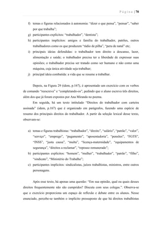 P á g i n a | 70
f) temas e figuras relacionados à autonomia: “dizer o que pensa”, “pensar”, “saber
por que trabalha”;
g) participantes explícitos: “trabalhador”, “dentista”;
h) participantes implícitos: amigos e família do trabalhador, patrões, outros
trabalhadores como os que produzem “rádio de pilha”, “peru de natal” etc;
i) principais ideias defendidas: o trabalhador tem direito a descanso, lazer,
alimentação e saúde; o trabalhador precisa ter a liberdade de expressar suas
opiniões; o trabalhador precisa ser tratado como ser humano e não como uma
máquina, cuja única atividade seja trabalhar;
j) principal ideia combatida: a vida que se resume a trabalhar.
Depois, na Figura 29 (idem, p.167), é apresentado um exercício com os verbos
de comando “reescreva” e “completando-os”, pedindo que o aluno escreva três direitos,
além dos que já foram expostos por Ana Miranda no poema.
Em seguida, há um texto intitulado “Direitos do trabalhador com carteira
assinada” (idem, p.167) que é organizado em parágrafos, fazendo uma espécie de
resumo dos principais direitos do trabalhador. A partir da seleção lexical desse texto,
observam-se:
a) temas e figuras trabalhistas: “trabalhador”, “direito”, “salário”, “patrão”, “valor”,
“serviço”, “emprego”, “pagamento”, “aposentadoria”, “pensões”, “FGTS”,
“INSS”, “justa causa”, “multa”, “licença-maternidade”, “equipamentos de
segurança”, “direitos a reclamar”, “repouso remunerado”;
b) participantes explícitos: “homem”, “mulher”, “trabalhador”, “patrão”, “filho”,
“sindicato”, “Ministério do Trabalho”;
c) participantes implícitos: sindicalistas, juízes trabalhistas, ministros, entre outros
personagens.
Após esse texto, há apenas uma questão: “Em sua opinião, qual ou quais desses
direitos frequentemente não são cumpridos? Discuta com seus colegas.”. Observa-se
que o exercício proporciona um espaço de reflexão e debate entre os alunos. Nesse
enunciado, percebe-se também o implícito pressuposto de que há direitos trabalhistas
 