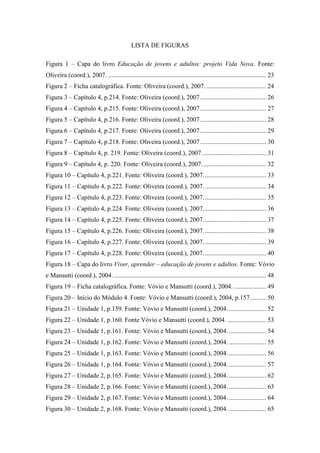 LISTA DE FIGURAS
Figura 1 – Capa do livro Educação de jovens e adultos: projeto Vida Nova. Fonte:
Oliveira (coord.), 2007. .................................................................................................. 23
Figura 2 – Ficha catalográfica. Fonte: Oliveira (coord.), 2007. ..................................... 24
Figura 3 – Capítulo 4, p.214. Fonte: Oliveira (coord.), 2007......................................... 26
Figura 4 – Capítulo 4, p.215. Fonte: Oliveira (coord.), 2007......................................... 27
Figura 5 – Capítulo 4, p.216. Fonte: Oliveira (coord.), 2007......................................... 28
Figura 6 – Capítulo 4, p.217. Fonte: Oliveira (coord.), 2007......................................... 29
Figura 7 – Capítulo 4, p.218. Fonte: Oliveira (coord.), 2007......................................... 30
Figura 8 – Capítulo 4, p. 219. Fonte: Oliveira (coord.), 2007........................................ 31
Figura 9 – Capítulo 4, p. 220. Fonte: Oliveira (coord.), 2007........................................ 32
Figura 10 – Capítulo 4, p.221. Fonte: Oliveira (coord.), 2007....................................... 33
Figura 11 – Capítulo 4, p.222. Fonte: Oliveira (coord.), 2007....................................... 34
Figura 12 – Capítulo 4, p.223. Fonte: Oliveira (coord.), 2007....................................... 35
Figura 13 – Capítulo 4, p.224. Fonte: Oliveira (coord.), 2007....................................... 36
Figura 14 – Capítulo 4, p.225. Fonte: Oliveira (coord.), 2007....................................... 37
Figura 15 – Capítulo 4, p.226. Fonte: Oliveira (coord.), 2007....................................... 38
Figura 16 – Capítulo 4, p.227. Fonte: Oliveira (coord.), 2007....................................... 39
Figura 17 – Capítulo 4, p.228. Fonte: Oliveira (coord.), 2007....................................... 40
Figura 18 – Capa do livro Viver, aprender – educação de jovens e adultos. Fonte: Vóvio
e Mansutti (coord.), 2004. .............................................................................................. 48
Figura 19 – Ficha catalográfica. Fonte: Vóvio e Mansutti (coord.), 2004. .................... 49
Figura 20 – Início do Módulo 4. Fonte: Vóvio e Mansutti (coord.), 2004, p.157.......... 50
Figura 21 – Unidade 1, p.159. Fonte: Vóvio e Mansutti (coord.), 2004. ....................... 52
Figura 22 – Unidade 1, p.160. Fonte Vóvio e Mansutti (coord.), 2004. ........................ 53
Figura 23 – Unidade 1, p.161. Fonte: Vóvio e Mansutti (coord.), 2004. ....................... 54
Figura 24 – Unidade 1, p.162. Fonte: Vóvio e Mansutti (coord.), 2004. ....................... 55
Figura 25 – Unidade 1, p.163. Fonte: Vóvio e Mansutti (coord.), 2004. ....................... 56
Figura 26 – Unidade 1, p.164. Fonte: Vóvio e Mansutti (coord.), 2004. ....................... 57
Figura 27 – Unidade 2, p.165. Fonte: Vóvio e Mansutti (coord.), 2004. ....................... 62
Figura 28 – Unidade 2, p.166. Fonte: Vóvio e Mansutti (coord.), 2004. ....................... 63
Figura 29 – Unidade 2, p.167. Fonte: Vóvio e Mansutti (coord.), 2004. ....................... 64
Figura 30 – Unidade 2, p.168. Fonte: Vóvio e Mansutti (coord.), 2004. ....................... 65
 