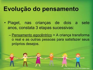 Evolução do pensamento
• Piaget, nas crianças de dois a sete
anos, constata 3 etapas sucessivas:
– Pensamento egocêntrico = A criança transforma
o real e as outras pessoas para satisfazer seus
próprios desejos.

 