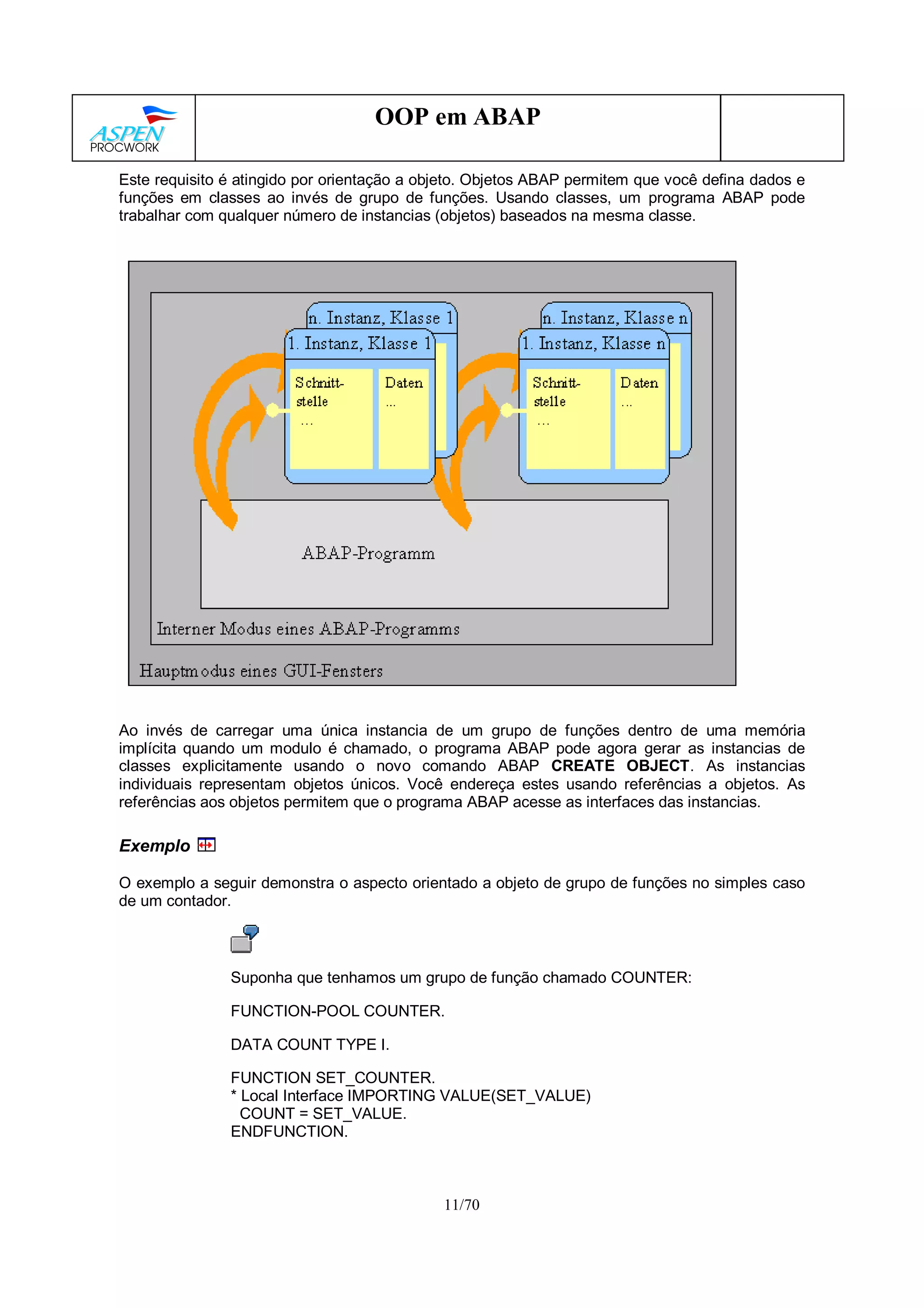11/70
OOP em ABAP
Este requisito é atingido por orientação a objeto. Objetos ABAP permitem que você defina dados e
funções em classes ao invés de grupo de funções. Usando classes, um programa ABAP pode
trabalhar com qualquer número de instancias (objetos) baseados na mesma classe.
Ao invés de carregar uma única instancia de um grupo de funções dentro de uma memória
implícita quando um modulo é chamado, o programa ABAP pode agora gerar as instancias de
classes explicitamente usando o novo comando ABAP CREATE OBJECT. As instancias
individuais representam objetos únicos. Você endereça estes usando referências a objetos. As
referências aos objetos permitem que o programa ABAP acesse as interfaces das instancias.
Exemplo
O exemplo a seguir demonstra o aspecto orientado a objeto de grupo de funções no simples caso
de um contador.
Suponha que tenhamos um grupo de função chamado COUNTER:
FUNCTION-POOL COUNTER.
DATA COUNT TYPE I.
FUNCTION SET_COUNTER.
* Local Interface IMPORTING VALUE(SET_VALUE)
COUNT = SET_VALUE.
ENDFUNCTION.
 