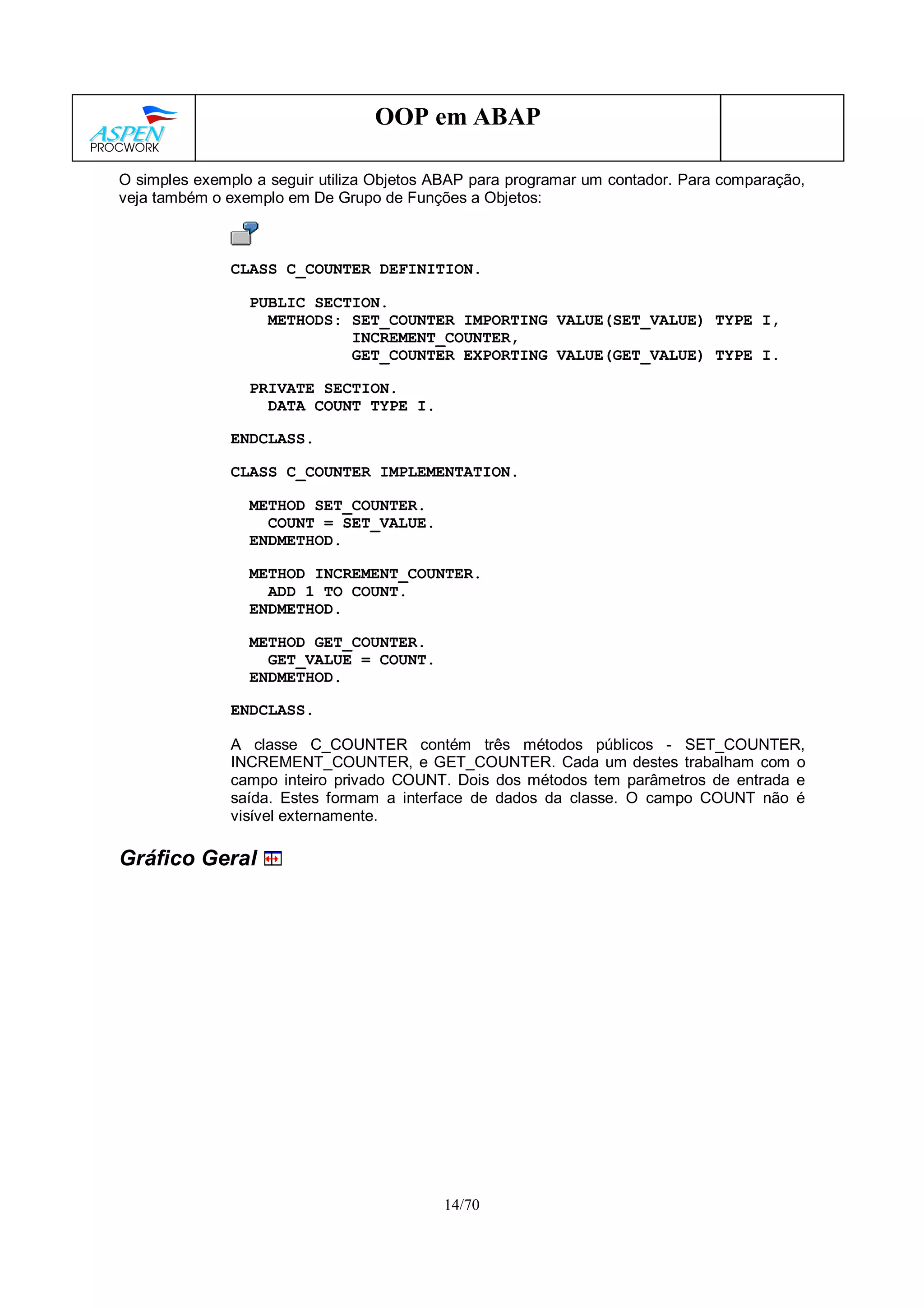 14/70
OOP em ABAP
O simples exemplo a seguir utiliza Objetos ABAP para programar um contador. Para comparação,
veja também o exemplo em De Grupo de Funções a Objetos:
CLASS C_COUNTER DEFINITION.
PUBLIC SECTION.
METHODS: SET_COUNTER IMPORTING VALUE(SET_VALUE) TYPE I,
INCREMENT_COUNTER,
GET_COUNTER EXPORTING VALUE(GET_VALUE) TYPE I.
PRIVATE SECTION.
DATA COUNT TYPE I.
ENDCLASS.
CLASS C_COUNTER IMPLEMENTATION.
METHOD SET_COUNTER.
COUNT = SET_VALUE.
ENDMETHOD.
METHOD INCREMENT_COUNTER.
ADD 1 TO COUNT.
ENDMETHOD.
METHOD GET_COUNTER.
GET_VALUE = COUNT.
ENDMETHOD.
ENDCLASS.
A classe C_COUNTER contém três métodos públicos - SET_COUNTER,
INCREMENT_COUNTER, e GET_COUNTER. Cada um destes trabalham com o
campo inteiro privado COUNT. Dois dos métodos tem parâmetros de entrada e
saída. Estes formam a interface de dados da classe. O campo COUNT não é
visível externamente.
Gráfico Geral
 