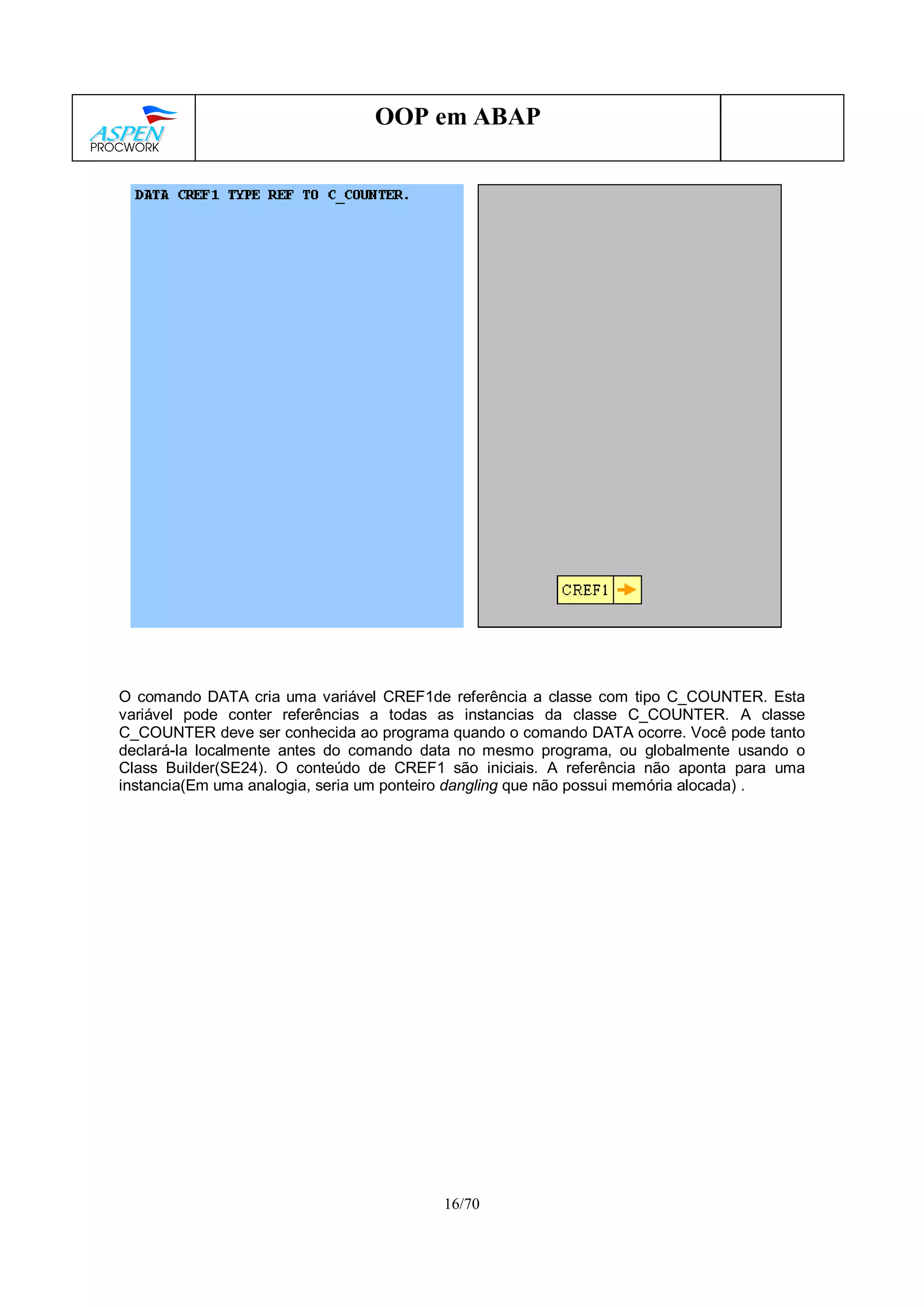 16/70
OOP em ABAP
O comando DATA cria uma variável CREF1de referência a classe com tipo C_COUNTER. Esta
variável pode conter referências a todas as instancias da classe C_COUNTER. A classe
C_COUNTER deve ser conhecida ao programa quando o comando DATA ocorre. Você pode tanto
declará-la localmente antes do comando data no mesmo programa, ou globalmente usando o
Class Builder(SE24). O conteúdo de CREF1 são iniciais. A referência não aponta para uma
instancia(Em uma analogia, seria um ponteiro dangling que não possui memória alocada) .
 