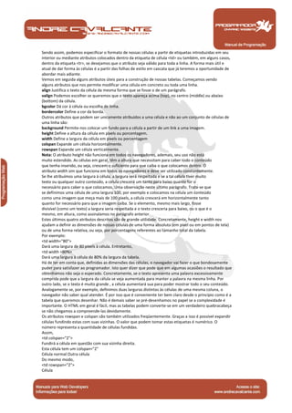 Manual de Programação
Sendo assim, podemos especificar o formato de nossas células a partir de etiquetas introduzidas em seu
interior ou mediante atributos colocados dentro da etiqueta de célula <td> ou também, em alguns casos,
dentro da etiqueta <tr>, se desejamos que o atributo seja válido para toda a linha. A forma mais útil e
atual de dar forma às células é a partir das folhas de estilo em cascata que já teremos a oportunidade de
abordar mais adiante.
Vemos em seguida alguns atributos úteis para a construção de nossas tabelas. Começamos vendo
alguns atributos que nos permite modificar uma célula em concreto ou toda uma linha.
align Justifica o texto da célula da mesma forma que se fosse o de um parágrafo.
valign Podemos escolher se queremos que o texto apareça acima (top), no centro (middle) ou abaixo
(bottom) da célula.
bgcolor Dá cor à célula ou escolha de linha.
bordercolor Define a cor da borda.
Outros atributos que podem ser unicamente atribuídos a uma célula e não ao um conjunto de células de
uma linha são:
background Permite-nos colocar um fundo para a célula a partir de um link a uma imagem.
height Define a altura da célula em pixels ou porcentagem.
width Define a largura da célula em pixels ou porcentagem
colspan Expande um célula horizontalmente.
rowspan Expande um célula verticalmente.
Nota: O atributo height não funciona em todos os navegadores, ademais, seu uso não está
muito estendido. As células em geral, têm a altura que necessitam para caber todo o conteúdo
que tenha inserido, ou seja, crescem o suficiente para que caiba o que colocamos dentro. O
atributo width sim que funciona em todos os navegadores e deve ser utilizado constantemente.
Se lhe atribuímos uma largura à célula, a largura será respeitada e se a tal célula tiver muito
texto ou qualquer outro conteúdo, a célula crescerá um tanto para baixo quanto for o
necessário para caber o que colocamos. Uma observação neste último parágrafo. Trata-se que
se definimos uma célula de uma largura 100, por exemplo e colocamos na célula um conteúdo
como uma imagem que meça mais de 100 pixels, a célula crescerá em horizontalmente tanto
quanto for necessário para que a imagem caiba. Se o elemento, mesmo mais largo, fosse
divisível (como um texto) a largura seria respeitada e o texto cresceria para baixo, ou o que é o
mesmo, em altura, como assinalamos no parágrafo anterior.
Estes últimos quatro atributos descritos são de grande utilidade. Concretamente, height e width nos
ajudam a definir as dimensões de nossas células de uma forma absoluta (em pixel ou em pontos de tela)
ou de uma forma relativa, ou seja, por porcentagens referentes ao tamanho total da tabela.
Por exemplo:
<td width="80">
Dará uma largura de 80 pixels à célula. Entretanto,
<td width =80%>
Dará uma largura à célula do 80% da largura da tabela.
Há de ter em conta que, definidas as dimensões das células, o navegador vai fazer o que bondosamente
puder para satisfazer ao programador. Isto quer dizer que pode que em algumas ocasiões o resultado que
obtenhamos não seja o esperado. Concretamente, se o texto apresenta uma palavra excessivamente
comprida pode que a largura da célula se veja aumentada para manter a palavra na mesma linha. Por
outro lado, se o texto é muito grande , a célula aumentará sua para poder mostrar todo o seu conteúdo.
Analogamente se, por exemplo, definimos duas larguras distintas às células de uma mesma coluna, o
navegador não saber qual atender. É por isso que é conveniente ter bem claro desde o princípio como é a
tabela que queremos desenhar. Não é demais saber se pré-desenhamos no papel se a complexidade é
importante. O HTML em geral é fácil, mas as tabelas podem converte-se em um verdadeiro quebracabeça
se não chegamos a compreende-las devidamente.
Os atributos rowspan e colspan são também utilizados freqüentemente. Graças a isso é possível expandir
células fundindo estas com suas vizinhas. O valor que podem tomar estas etiquetas é numérico. O
número representa a quantidade de células fundidas.
Assim,
<td colspan="2">
Fundirá a célula em questão com sua vizinha direita.
Esta célula tem um colspan="2"
Célula normal Outra célula
Do mesmo modo,
<td rowspan="2">
Célula
 