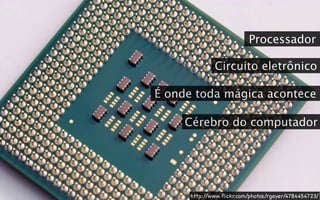 Processador

              Circuito eletrônico

É onde toda mágica acontece

     Cérebro do computador




      http://www.ﬂickr.com/photos/rgeyer/4784454723/
 