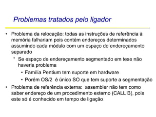 Software Básico - Linguagem Assembly 45
Problemas tratados pelo ligador
• Problema da relocação: todas as instruções de referência à
memória falhariam pois contém endereços determinados
assumindo cada módulo com um espaço de endereçamento
separado
° Se espaço de endereçamento segmentado em tese não
haveria problema
• Família Pentium tem suporte em hardware
• Porém OS/2 é único SO que tem suporte a segmentação
• Problema de referência externa: assembler não tem como
saber endereço de um procedimento externo (CALL B), pois
este só é conhecido em tempo de ligação
 