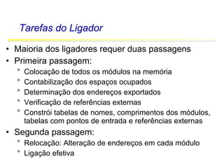Software Básico - Linguagem Assembly 49
Tarefas do Ligador
• Maioria dos ligadores requer duas passagens
• Primeira passagem:
° Colocação de todos os módulos na memória
° Contabilização dos espaços ocupados
° Determinação dos endereços exportados
° Verificação de referências externas
° Constrói tabelas de nomes, comprimentos dos módulos,
tabelas com pontos de entrada e referências externas
• Segunda passagem:
° Relocação: Alteração de endereços em cada módulo
° Ligação efetiva
 