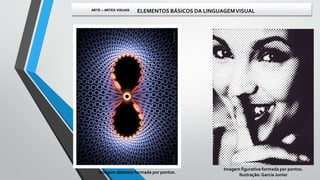 Imagem figurativa formada por pontos.
Ilustração:Garcia Junior
Imagem abstrata formada por pontos.
ARTE – ARTES VISUAIS ELEMENTOS BÁSICOS DA LINGUAGEMVISUAL
 