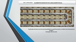 A aplicação da textura nas formas dá qualidade às superfícies dando um efeito mais interessante à
imagem.
Ilustração:Garcia Junior
ARTE – ARTES VISUAIS ELEMENTOS BÁSICOS DA LINGUAGEMVISUAL
 