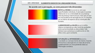 MATIZ ou CROMA é a cor em si, com suas
especificidades individuais. A saturação é a pureza
relativa da cor ou a intensidade da sua presença
indo da presença máxima do seu matiz até um tom
de cinza (ausência de saturação da cor). É o local da
cor no interior do espectro da luz visível pelo olho
humano.
De acordo com a percepção, as cores possuem três dimensões:
LUMINOSIDADE ouVALOR da cor é o brilho
relativo corresponde ao valor tonal das gradações
entre sua luminosidade ou obscuridade. Vale
destacar que a presença ou ausência de cor não
afeta o tom, que é constante.
SATURAÇÃO ou INTENSIDADE da cor é a
vivacidade ou o esmaecimento da mesma. Quando
diminuímos a saturação de um matiz ele se torna
gradativamente um cinza perdendo toda sua
informação cromática.
 