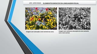 Imagem com saturação e tom normal nas cores. Imagem sem nenhuma saturação de cores somente
com o tom normal.
ARTE – ARTES VISUAIS ELEMENTOS BÁSICOS DA LINGUAGEMVISUAL
 
