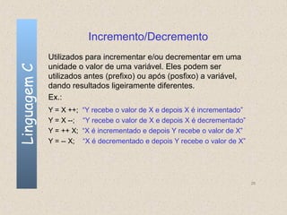 Incremento/Decremento
              Utilizados para incrementar e/ou decrementar em uma
              unidade o valor de uma variável. Eles podem ser
Linguagem C


              utilizados antes (prefixo) ou após (posfixo) a variável,
              dando resultados ligeiramente diferentes.
              Ex.:
              Y = X ++;   “Y recebe o valor de X e depois X é incrementado”
              Y = X --;   “Y recebe o valor de X e depois X é decrementado”
              Y = ++ X;   “X é incrementado e depois Y recebe o valor de X”
              Y = -- X;   “X é decrementado e depois Y recebe o valor de X”




                                                                              26
 