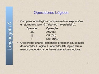 Operadores Lógicos

              • Os operadores lógicos comparam duas expressões
Linguagem C

                e retornam o valor 0 (falso) ou 1 (verdadeiro).
                     Operador       Operação
                       &&           AND (E)
                        ||          OR (OU)
                        !           NOT (NÃO)
              • O operador unário ! tem maior precedência, seguido
                do operador E lógico. O operador OU lógico tem a
                menor precedência dentre os operadores lógicos.



                                                                     28
 