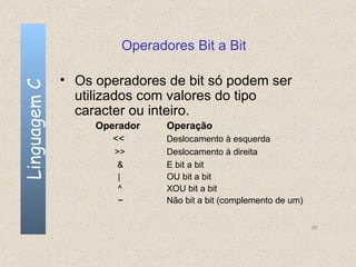 Operadores Bit a Bit

              • Os operadores de bit só podem ser
Linguagem C


                utilizados com valores do tipo
                caracter ou inteiro.
                   Operador   Operação
                      <<      Deslocamento à esquerda
                      >>      Deslocamento à direita
                       &      E bit a bit
                       |      OU bit a bit
                       ^      XOU bit a bit
                       ~      Não bit a bit (complemento de um)

                                                                  29
 