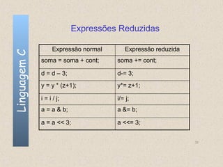 Expressões Reduzidas

                    Expressão normal      Expressão reduzida
Linguagem C


              soma = soma + cont;      soma += cont;

              d = d – 3;               d-= 3;
              y = y * (z+1);           y*= z+1;

              i = i / j;               i/= j;
              a = a & b;               a &= b;

              a = a << 3;              a <<= 3;


                                                               32
 