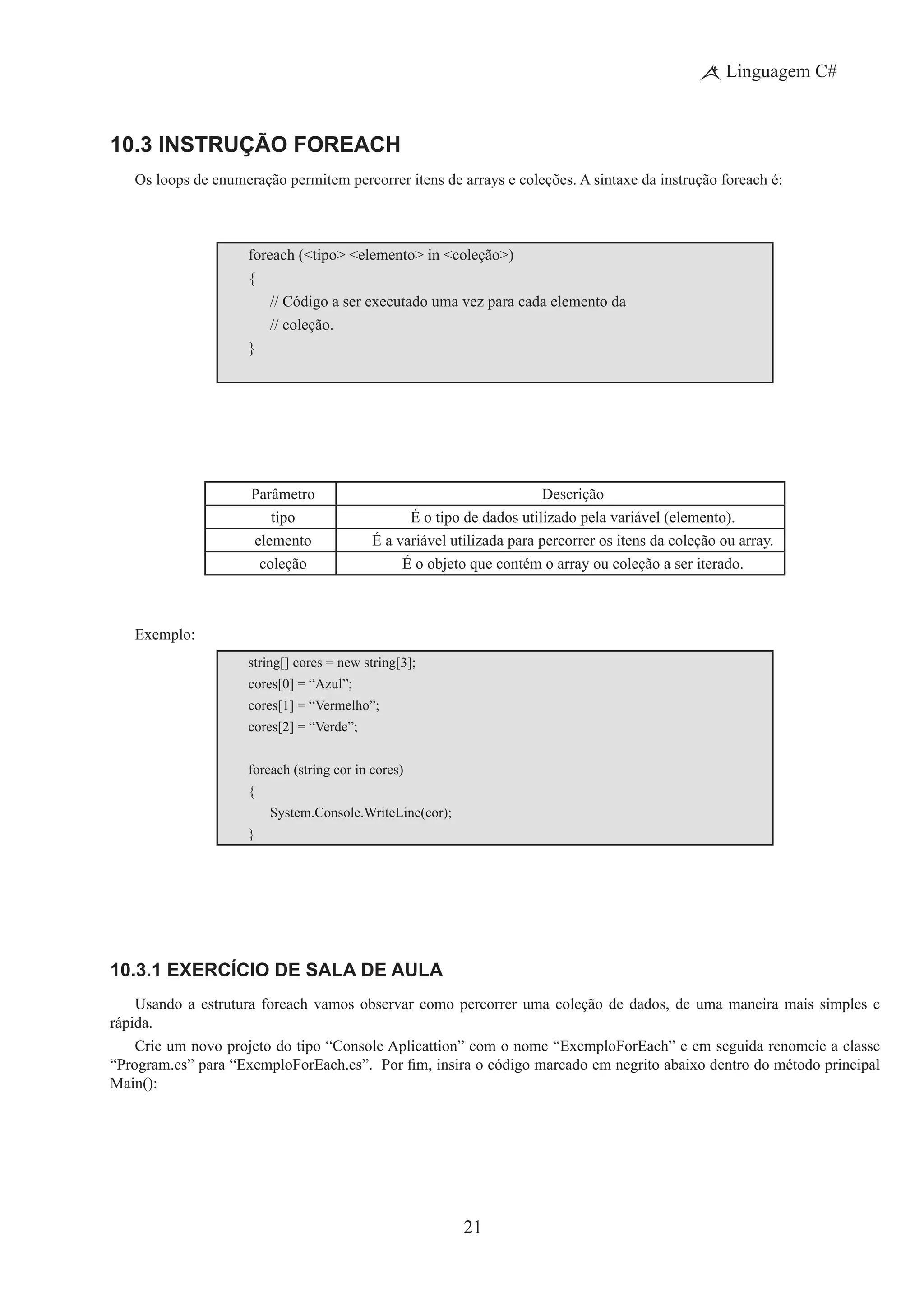 21
Linguagem C#
10.3 Instrução foreach
Os loops de enumeração permitem percorrer itens de arrays e coleções. A sintaxe da instrução foreach é:
foreach (<tipo> <elemento> in <coleção>)
{
	 // Código a ser executado uma vez para cada elemento da
	 // coleção.
}
Parâmetro Descrição
tipo É o tipo de dados utilizado pela variável (elemento).
elemento É a variável utilizada para percorrer os itens da coleção ou array.
coleção É o objeto que contém o array ou coleção a ser iterado.
Exemplo:
string[] cores = new string[3];
cores[0] = “Azul”;
cores[1] = “Vermelho”;
cores[2] = “Verde”;
foreach (string cor in cores)
{
	 System.Console.WriteLine(cor);
}
10.3.1 Exercício de Sala de Aula
Usando a estrutura foreach vamos observar como percorrer uma coleção de dados, de uma maneira mais simples e
rápida.
Crie um novo projeto do tipo “Console Aplicattion” com o nome “ExemploForEach” e em seguida renomeie a classe
“Program.cs” para “ExemploForEach.cs”.  Por fim, insira o código marcado em negrito abaixo dentro do método principal
Main():
 