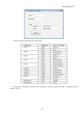 41
Linguagem C#
•	 Altere as seguintes propriedades dos componentes:
Componente Propriedade Texto a ser inserido
Label1 NAME lblNome
TEXT Nome
Label2 NAME lblSalarioBruto
TEXT Salário Bruto
Label3 NAME lblFuncao
TEXT Função
Label4 NAME lblValorVendas
TEXT Valor de Vendas
Label4 NAME lblSalarioReceber
TEXT Salário a Receber
TextBox1 NAME txtNome
TextBox2 NAME txtSalarioBruto
TextBox3 NAME txtValorVenda
TextBox4 NAME txtSalarioReceber
Button1 NAME btnCalcular
TEXT Calcular
RadioButton1 TEXT Vendedor
RadioButton2 TEXT Outros
•	 Clique com o botão direito do mouse sobre o formulário e selecione a opção View Code.  Em seguida declare as  
seguintes variáveis.
 
