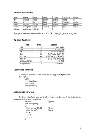 Palavras Reservadas

auto         break        case           char        const     continue   default
do           double       else           enum        extern    float      for
goto         if           int            long        main      register   return
short        signed       sizeof         static      struct    switch     typedef
union        unsigned     void           volatile    while     class      public
private      protected    virtual

Exemplos de nome de variáveis: a, b, VALOR1, valor_1, _nome, ano_2003


Tipos de Variáveis

               Tipo            Bits               Escala
          void                       0                 sem valor
          char                       8                -128 a 127
          int                       16            -32768 a 32767
          float                     32         3.4E-38 a 3.4E+38
          double                    64      1.7E-308 a 1.7E+308
          long int                  32         3.4E-38 a 3.4E+38
          unsigned char              8                    0 a 255
          unsigned int              16                 0 a 65535


Declarando Variáveis

      A forma de declaração de variáveis é a seguinte: tipo nome;
      Exemplos
            int K;
            double valores;
            float quadro;
            char caracter;


Inicializando Variáveis

      Pode-se inicializar uma variável        no momento de sua declaração, ou em
qualquer momento do algoritmo.
            int c=8;                          // global
            void main(void)
            {
              float tempo=27.25;              // local
              char tipo=’C’;                  // local
              int x;
              x=10;
              c=c+x;
            }



                                                                                    9
 