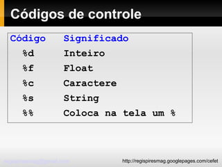Códigos de controle Código  Significado %d  Inteiro %f  Float %c  Caractere %s  String %%  Coloca na tela um % 