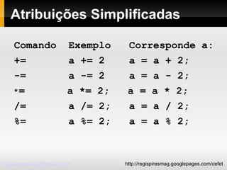 Atribuições Simplificadas Comando  Exemplo  Corresponde a: +=  a += 2  a = a + 2; -=  a -= 2  a = a - 2; ∗ =  a *= 2;  a = a * 2; /=  a /= 2;  a = a / 2; %=  a %= 2;  a = a % 2; 