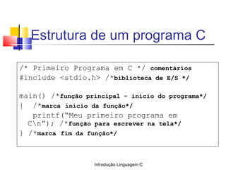 Introdução Linguagem C
Estrutura de um programa C
/* Primeiro Programa em C */ comentários
#include <stdio.h> /*biblioteca de E/S */
main() /*função principal – inicio do programa*/
{ /*marca início da função*/
printf(“Meu primeiro programa em
Cn”); /*função para escrever na tela*/
} /*marca fim da função*/
 