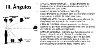 •   ÂNGULO ALTO (“PLONGEE”) - Enquadramento da
III. Ângulos       imagem com a câmara focalizando a pessoa ou o
                   objeto de cima para baixo.
               •   ÂNGULO BAIXO (“CONTRA-PLONGEE”) -
                   Enquadramento da imagem com a câmara focalizando
                   a pessoa ou o objeto de baixo para cima.
               •   CONTRACAMPO - Tomada efetuada com a câmara na
                   direção oposta à posição da tomada anterior.
               •   CÂMARA OBJETIVA - Posicionamento da câmara
                   quando ela permite a filmagem de uma cena do ponto
                   de vista de um público imaginário.
               •   CÂMARA SUBJETIVA - Câmara que funciona como se
                   fosse o olhar do ator. A câmara é tratada como
                   "participante da ação", ou seja, a pessoa que está
                   sendo filmada olha diretamente para a lente e a
                   câmara representa o ponto de vista de uma outra
                   personagem participando dessa mesma cena.
 