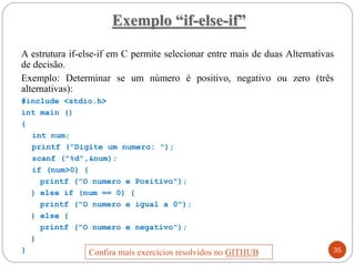 A estrutura if-else-if em C permite selecionar entre mais de duas Alternativas
de decisão.
Exemplo: Determinar se um número é positivo, negativo ou zero (três
alternativas):
#include <stdio.h>
int main ()
{
int num;
printf ("Digite um numero: ");
scanf ("%d",&num);
if (num>0) {
printf ("O numero e Positivo");
} else if (num == 0) {
printf ("O numero e igual a 0");
} else {
printf ("O numero e negativo");
}
}
Exemplo “if-else-if”
35
Confira mais exercícios resolvidos no GITHUB
 