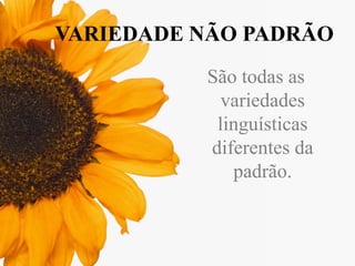 VARIEDADE NÃO PADRÃO
São todas as
variedades
linguísticas
diferentes da
padrão.

 
