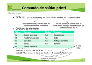 Comando de saída: printf
Sintaxe:

printf(<string de controle>,<lista de argumentos>)

Mensagem (string) com códigos de
controle embutidos na mesma

Códigos de controle:

Valores que serão substituídos na
mensagem, no lugar de cada código de
controle iniciado por %

Código

Formato

Código

Formato

%d

Inteiro com sinal

%X

Hexadecimal

%f

Float (número real)

%o

Octal

%c

Caractere

%E

Notação científica

%s

String

%p

Ponteiro

%u

Inteiro sem sinal

n salta
linha

Exemplos:

printf(“O valor de PI é %f”,3.1415);
printf(“Meu nome é %s e eu tenho %d anosn”,”João”,18);

Prof. Mauro Jansen

Linguagem de Programação
Linguagem C – parte 1

12

 