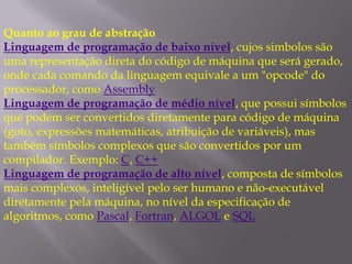 Diferença entre a 3GL e 4GL, é que as primeiras descrevem como fazer algo, enquanto a segunda descreve o que você quer que seja feito.Gerações de Linguagem de Programação.Quinta Geração:Linguagens naturais (LISP)São linguagens de programação usadas para criar programas para inteligência artificial e sistemas especialistas que permitem aos programadores se comunicarem com o computador usando sentenças normais.