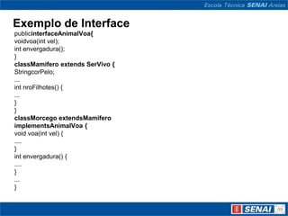 Exemplo de Interface
publicinterfaceAnimalVoa{
voidvoa(int vel);
int envergadura();
}
classMamifero extends SerVivo {
StringcorPelo;
...
int nroFilhotes() {
...
}
}
classMorcego extendsMamifero
implementsAnimalVoa {
void voa(int vel) {
....
}
int envergadura() {
....
}
...
}
 