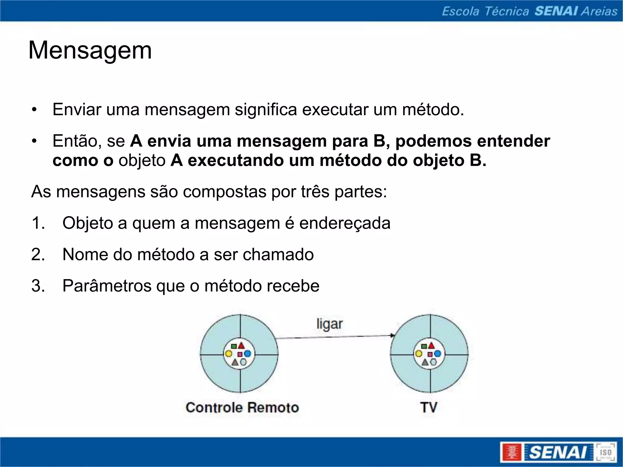 Mensagem

• Enviar uma mensagem significa executar um método.
• Então, se A envia uma mensagem para B, podemos entender
  como o objeto A executando um método do objeto B.
As mensagens são compostas por três partes:
1. Objeto a quem a mensagem é endereçada
2. Nome do método a ser chamado
3. Parâmetros que o método recebe
 