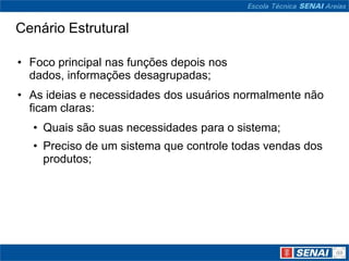 Cenário Estrutural

• Foco principal nas funções depois nos
  dados, informações desagrupadas;
• As ideias e necessidades dos usuários normalmente não
  ficam claras:
  • Quais são suas necessidades para o sistema;
  • Preciso de um sistema que controle todas vendas dos
    produtos;
 