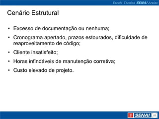 Cenário Estrutural

• Excesso de documentação ou nenhuma;
• Cronograma apertado, prazos estourados, dificuldade de
  reaproveitamento de código;
• Cliente insatisfeito;
• Horas infindáveis de manutenção corretiva;
• Custo elevado de projeto.
 