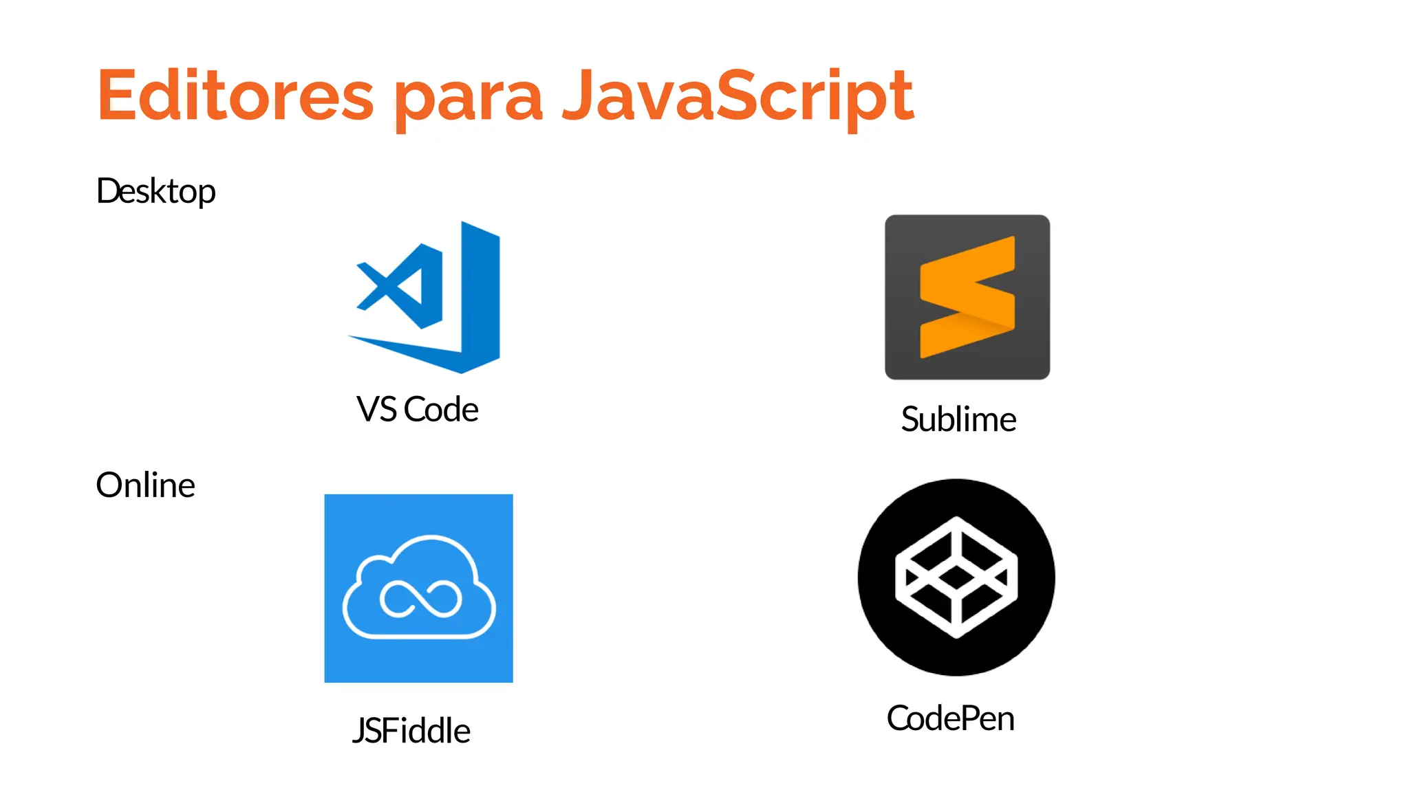 Editores para JavaScript
Desktop
Online
JSFiddle CodePen
VSCode Sublime
 