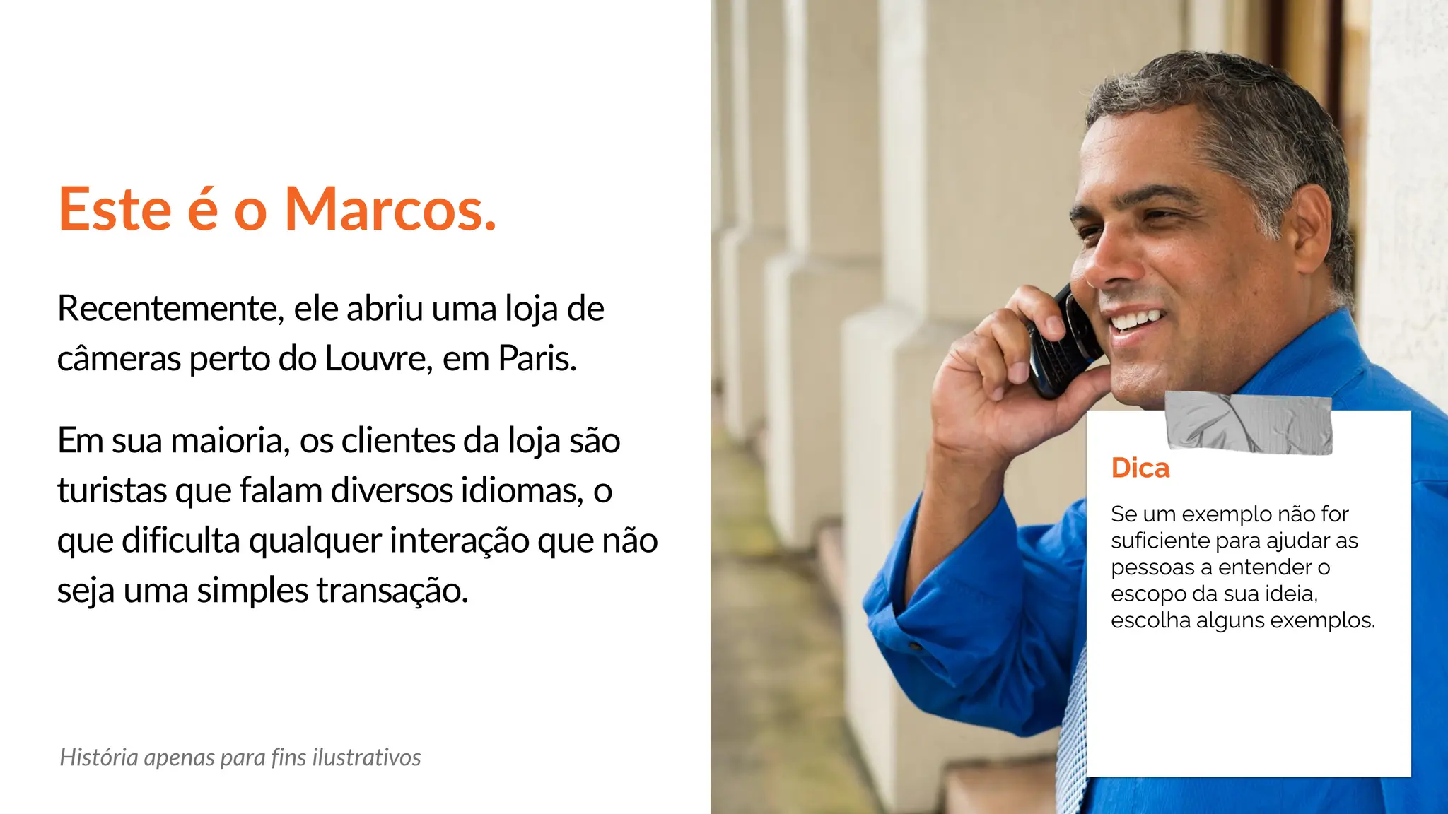 Este é o Marcos.
Recentemente, ele abriu uma loja de
câmeras perto do Louvre, em Paris.
Em sua maioria, os clientes da loja são
turistas que falam diversos idiomas, o
que dificulta qualquer interação que não
seja uma simples transação.
Dica
Se um exemplo não for
suficiente para ajudar as
pessoas a entender o
escopo da sua ideia,
escolha alguns exemplos.
História apenas para fins ilustrativos
 