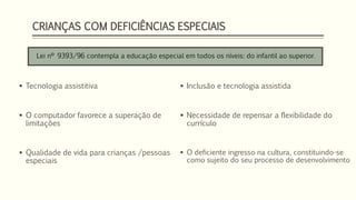 CRIANÇAS COM DEFICIÊNCIAS ESPECIAIS 
Lei nº 9393/96 contempla a educação especial em todos os níveis: do infantil ao superior. 
 Tecnologia assistitiva 
 O computador favorece a superação de 
limitações 
 Qualidade de vida para crianças /pessoas 
especiais 
 Inclusão e tecnologia assistida 
 Necessidade de repensar a flexibilidade do 
currículo 
 O deficiente ingresso na cultura, constituindo-se 
como sujeito do seu processo de desenvolvimento 
 
