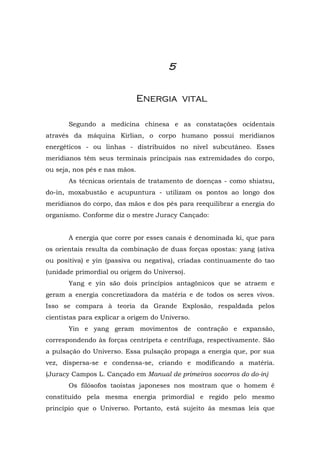 5


                               Energia vital

       Segundo a medicina chinesa e as constatações ocidentais
através da máquina Kirlian, o corpo humano possui meridianos
energéticos - ou linhas - distribuídos no nível subcutâneo. Esses
meridianos têm seus terminais principais nas extremidades do corpo,
ou seja, nos pés e nas mãos.
       As técnicas orientais de tratamento de doenças - como shiatsu,
do-in, moxabustão e acupuntura - utilizam os pontos ao longo dos
meridianos do corpo, das mãos e dos pés para reequilibrar a energia do
organismo. Conforme diz o mestre Juracy Cançado:


       A energia que corre por esses canais é denominada ki, que para
os orientais resulta da combinação de duas forças opostas: yang (ativa
ou positiva) e yin (passiva ou negativa), criadas continuamente do tao
(unidade primordial ou origem do Universo).
       Yang e yin são dois princípios antagônicos que se atraem e
geram a energia concretizadora da matéria e de todos os seres vivos.
Isso se compara à teoria da Grande Explosão, respaldada pelos
cientistas para explicar a origem do Universo.
       Yin e yang geram movimentos de contração e expansão,
correspondendo às forças centrípeta e centrífuga, respectivamente. São
a pulsação do Universo. Essa pulsação propaga a energia que, por sua
vez, dispersa-se e condensa-se, criando e modificando a matéria.
(Juracy Campos L. Cançado em Manual de primeiros socorros do do-in)
       Os filósofos taoístas japoneses nos mostram que o homem é
constituído pela mesma energia primordial e regido pelo mesmo
princípio que o Universo. Portanto, está sujeito às mesmas leis que
 