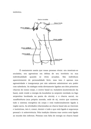 molestou.




       É exatamente assim que essas pessoas vivem: ora mostram-se
anuladas,   ora   agressivas   em   defesa   de   seu   território   ou   sua
individualidade    quando      se   vêem     acuadas.     São    indivíduos
aparentemente de personalidade forte, mas isso é apenas sua
agressividade e insegurança por não saberem administrar seu poder
com sabedoria. As nádegas estão diretamente ligadas aos dois primeiros
chacras do nosso corpo, o centro basal ou muladara (sustentáculo da
base), onde reside a energia da kundaline (a serpente enrolada ou fogo
serpentino localizada na ponta do cóccix); e o chacra sacral, ou
suadhisthana (sua própria morada, sede de si), centro que sustenta
todo o sistema energético do corpo e está tradicionalmente ligado à
região sacra. As atividades relacionadas ao chacra basal são as viscerais
e instintivas, isto é, comer, dormir e tudo o que está ligado à segurança
pessoal e à sobrevivência. Pela tradição chinesa esse centro está ligado
ao mundo dos infernos. Pessoas com falta de energia no chacra basal
 