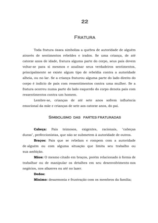 2222222222222222
FFrraattuurraa
Toda fratura óssea simboliza a quebra de autoridade de alguém
através de sentimentos rebeldes e irados. Se uma criança, de até
catorze anos de idade, fratura alguma parte do corpo, seus pais devem
voltar-se para si mesmos e analisar seus verdadeiros sentimentos,
principalmente se existe algum tipo de rebeldia contra a autoridade
alheia, ou no lar. Se a criança fraturou alguma parte do lado direito do
corpo é indício de pais com ressentimentos contra uma mulher. Se a
fratura ocorreu numa parte do lado esquerdo do corpo denota pais com
ressentimentos contra um homem.
Lembre-se, crianças de até sete anos sofrem influência
emocional da mãe e crianças de sete aos catorze anos, do pai.
Simbolismo das parSimbolismo das parSimbolismo das parSimbolismo das partttteseseses ffffrrrratuatuatuaturrrradasadasadasadas
Cabeça: Pais teimosos, exigentes, racionais, "cabeças
duras", perfeccionistas, que não se submetem à autoridade de outros.
Braços: Pais que se rebelam e rompem com a autoridade
de alguém ou com alguma situação que limita seu trabalho ou
sua ambição.
Mãos: O mesmo citado em braços, porém relacionado à forma de
trabalhar ou de manipular os detalhes em seu desenvolvimento nos
negócios, nos afazeres ou até no lazer.
Dedos:
Mínimo: desarmonia e frustração com os membros da família;
 