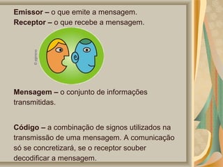 Emissor – o que emite a mensagem.
Receptor – o que recebe a mensagem.

Mensagem – o conjunto de informações
transmitidas.
Código – a combinação de signos utilizados na
transmissão de uma mensagem. A comunicação
só se concretizará, se o receptor souber
decodificar a mensagem.

 