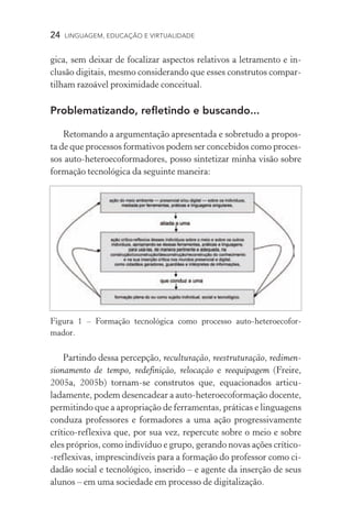 24  LINGUAGEM, EDUCAÇÃO E VIRTUALIDADE
gica, sem deixar de focalizar aspectos relativos a letramento e in­
clusão digitais, mesmo considerando que esses construtos compar-
tilham razoável proximidade conceitual.
Problematizando, refletindo e buscando...
Retomando a argumentação apresentada e sobretudo a propos-
ta de que processos formativos podem ser concebidos como proces-
sos auto-heteroecoformadores, posso sintetizar minha visão sobre
formação tecnológica da seguinte maneira:
Partindo dessa percepção, reculturação, reestruturação, redimen-
sionamento de tempo, redefinição, relocação e reequipagem (Freire,
2005a, 2005b) tornam-se construtos que, equacionados articu­
ladamente, podem desencadear a auto-heteroecoformação docente,
permitindo que a apropriação de ferramentas, práticas e linguagens
conduza professores e formadores a uma ação progressivamente
crítico-reflexiva que, por sua vez, repercute sobre o meio e sobre
eles próprios, como indivíduo e grupo, gerando novas ações crítico­
‑reflexivas, imprescindíveis para a formação do professor como ci-
dadão social e tecnológico, inserido – e agente da inserção de seus
alunos – em uma sociedade em processo de digitalização.
Figura 1 – Formação tecnológica como processo auto-heteroeco­­for­
mador.
 