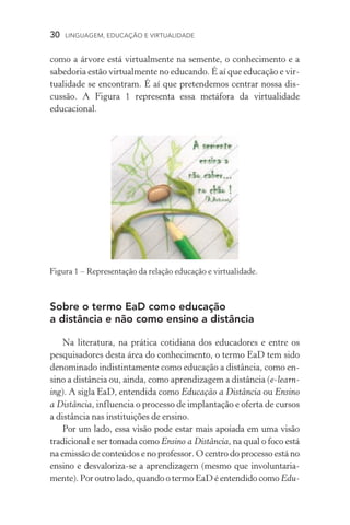 30  LINGUAGEM, EDUCAÇÃO E VIRTUALIDADE
como a árvore está virtualmente na semente, o conhecimento e a
sabedoria estão virtualmente no educando. É aí que educação e vir-
tualidade se encontram. É aí que pretendemos centrar nossa dis-
cussão. A Figura 1 representa essa metáfora da virtualidade
educacional.
Sobre o termo EaD como educação
a distância e não como ensino a distância
Na literatura, na prática cotidiana dos educadores e entre os
pesquisadores desta área do conhecimento, o termo EaD tem sido
denominado indistintamente como educação a distância, como en-
sino a distância ou, ainda, como aprendizagem a distância (e­‑learn­
ing). A sigla EaD, entendida como Educação a Distância ou Ensino
a Distância, influencia o processo de implantação e oferta de cursos
a distância nas instituições de ensino.
Por um lado, essa visão pode estar mais apoiada em uma vi­são
tradicional e ser tomada como Ensino a Distância, na qual o foco está
na emissão de conteúdos e no professor. O centro do processo está no
ensino e desvaloriza­‑se a aprendizagem (mesmo que involuntaria-
mente). Por outro lado, quando o termo EaD é entendido como Edu-
Figura 1 – Representação da relação educação e virtualidade.
 