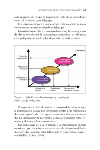Nuevas Tecnologías y su Uso en Educación  73
cada miembro del grupo es responsable tanto de su aprendizaje
como del de los restantes del grupo.
Los usuarios comparten la interacción, el intercambio de ideas
y conocimientos entre los miembros del grupo.
Una relación entre las tecnologías educativas y la pedagogía nos
da idea de la evolución de las tecnologías educativas, su influencia
en la pedagogía y el sujeto sobre el que está centrada la misma.
Como venimos diciendo, son las tecnologías de la información y
la comunicación las que han introducido dentro de la formación a
distancia la posibilidad de disponer de recursos altamente orienta-
dos a la interacción y el intercambio de ideas y materiales entre for-
mador y alumnos y de alumnos entre sí.
Las tecnologías de la información y la comunicación pueden
contribuir, por sus mismas características de bidireccionalidad e
interactividad, a superar estas deficiencias en el aprendizaje no pre-
sencial (Ruiz  Ríos, 1990).
Figura 1 – Relación entre las tecnologías y la pedagogía.
Fonte: Casado Ortiz, 2001.
 