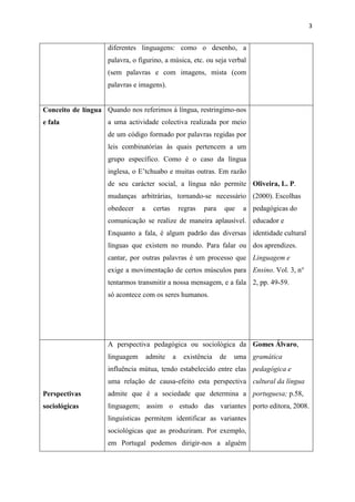 3
diferentes linguagens: como o desenho, a
palavra, o figurino, a música, etc. ou seja verbal
(sem palavras e com imagens, mista (com
palavras e imagens).
Conceito de língua
e fala
Quando nos referimos à língua, restringimo-nos
a uma actividade colectiva realizada por meio
de um código formado por palavras regidas por
leis combinatórias às quais pertencem a um
grupo específico. Como é o caso da língua
inglesa, o E’tchuabo e muitas outras. Em razão
de seu carácter social, a língua não permite
mudanças arbitrárias, tornando-se necessário
obedecer a certas regras para que a
comunicação se realize de maneira aplausível.
Enquanto a fala, é algum padrão das diversas
línguas que existem no mundo. Para falar ou
cantar, por outras palavras é um processo que
exige a movimentação de certos músculos para
tentarmos transmitir a nossa mensagem, e a fala
só acontece com os seres humanos.
Oliveira, L. P.
(2000). Escolhas
pedagógicas do
educador e
identidade cultural
dos aprendizes.
Linguagem e
Ensino. Vol. 3, n°
2, pp. 49-59.
Perspectivas
sociológicas
A perspectiva pedagógica ou sociológica da
linguagem admite a existência de uma
influência mútua, tendo estabelecido entre elas
uma relação de causa-efeito esta perspectiva
admite que é a sociedade que determina a
linguagem; assim o estudo das variantes
linguísticas permitem identificar as variantes
sociológicas que as produziram. Por exemplo,
em Portugal podemos dirigir-nos a alguém
Gomes Álvaro,
gramática
pedagógica e
cultural da língua
portuguesa; p.58,
porto editora, 2008.
 