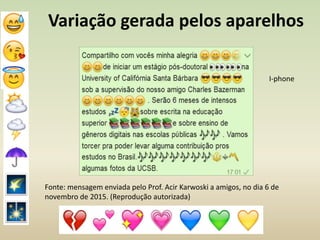 Variação gerada pelos aparelhos
Fonte: mensagem enviada pelo Prof. Acir Karwoski a amigos, no dia 6 de
novembro de 2015. (Reprodução autorizada)
I-phone
 