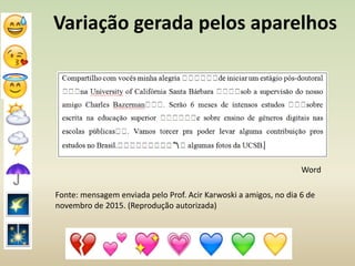 Variação gerada pelos aparelhos
Fonte: mensagem enviada pelo Prof. Acir Karwoski a amigos, no dia 6 de
novembro de 2015. (Reprodução autorizada)
Word
 