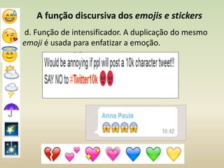 A função discursiva dos emojis e stickers
d. Função de intensificador. A duplicação do mesmo
emoji é usada para enfatizar a emoção.
 