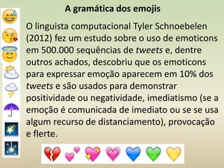 O linguista computacional Tyler Schnoebelen
(2012) fez um estudo sobre o uso de emoticons
em 500.000 sequências de tweets e, dentre
outros achados, descobriu que os emoticons
para expressar emoção aparecem em 10% dos
tweets e são usados para demonstrar
positividade ou negatividade, imediatismo (se a
emoção é comunicada de imediato ou se se usa
algum recurso de distanciamento), provocação
e flerte.
A gramática dos emojis
 